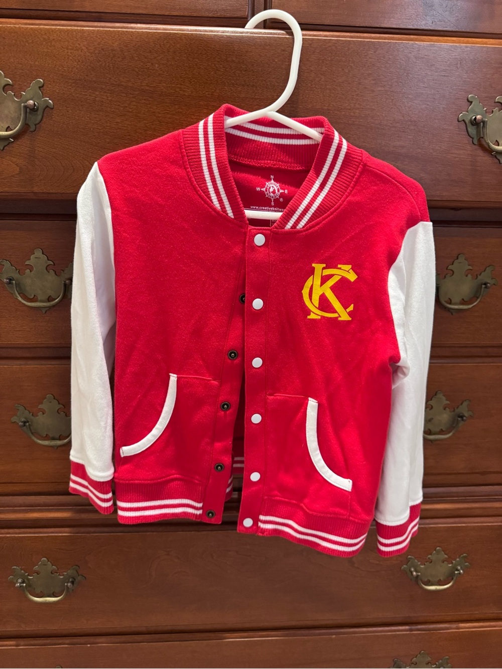 Kids Red and White Letterman Jacket with Yellow KC Crest Size 2T